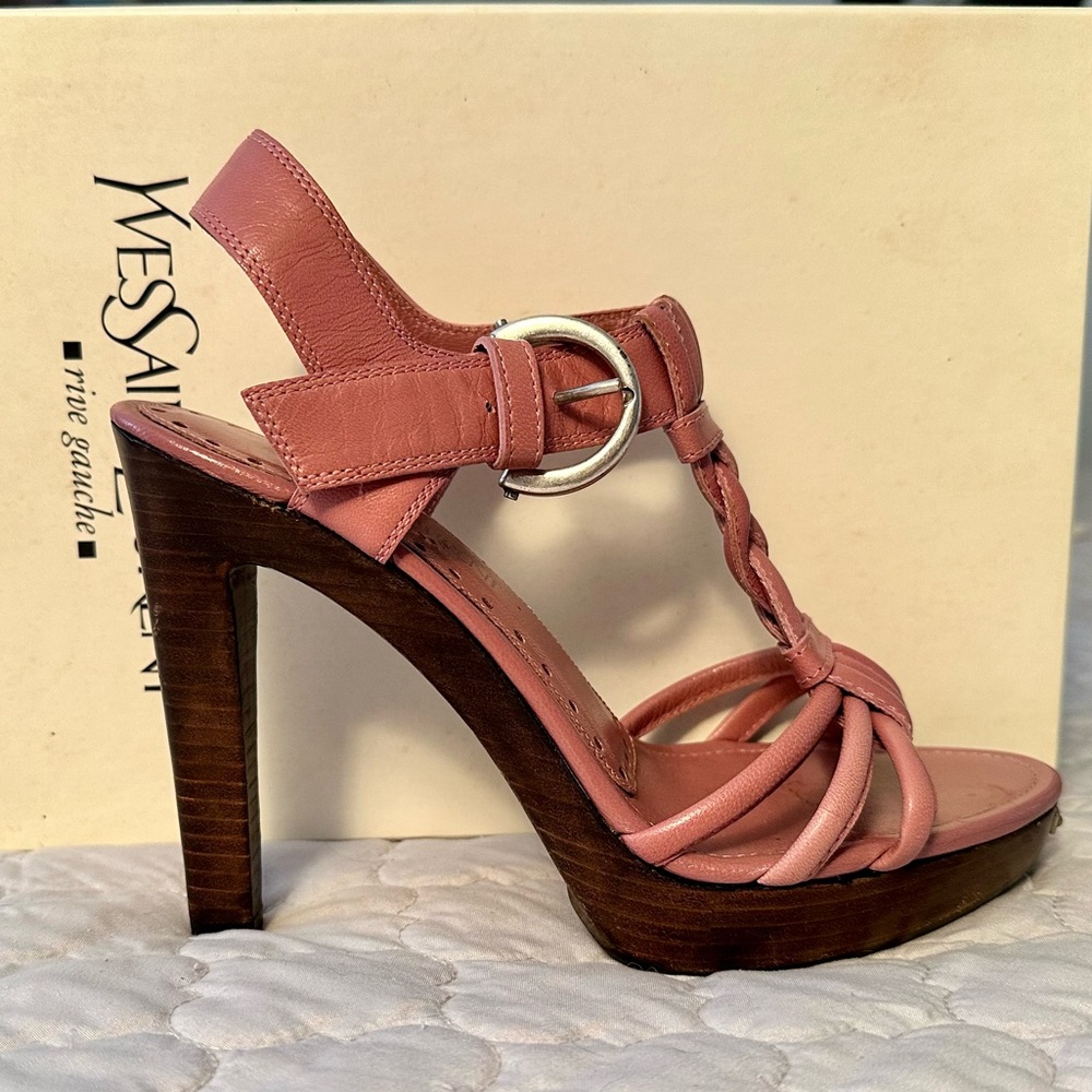 Yves Saint Laurent pink wood stacked heels
